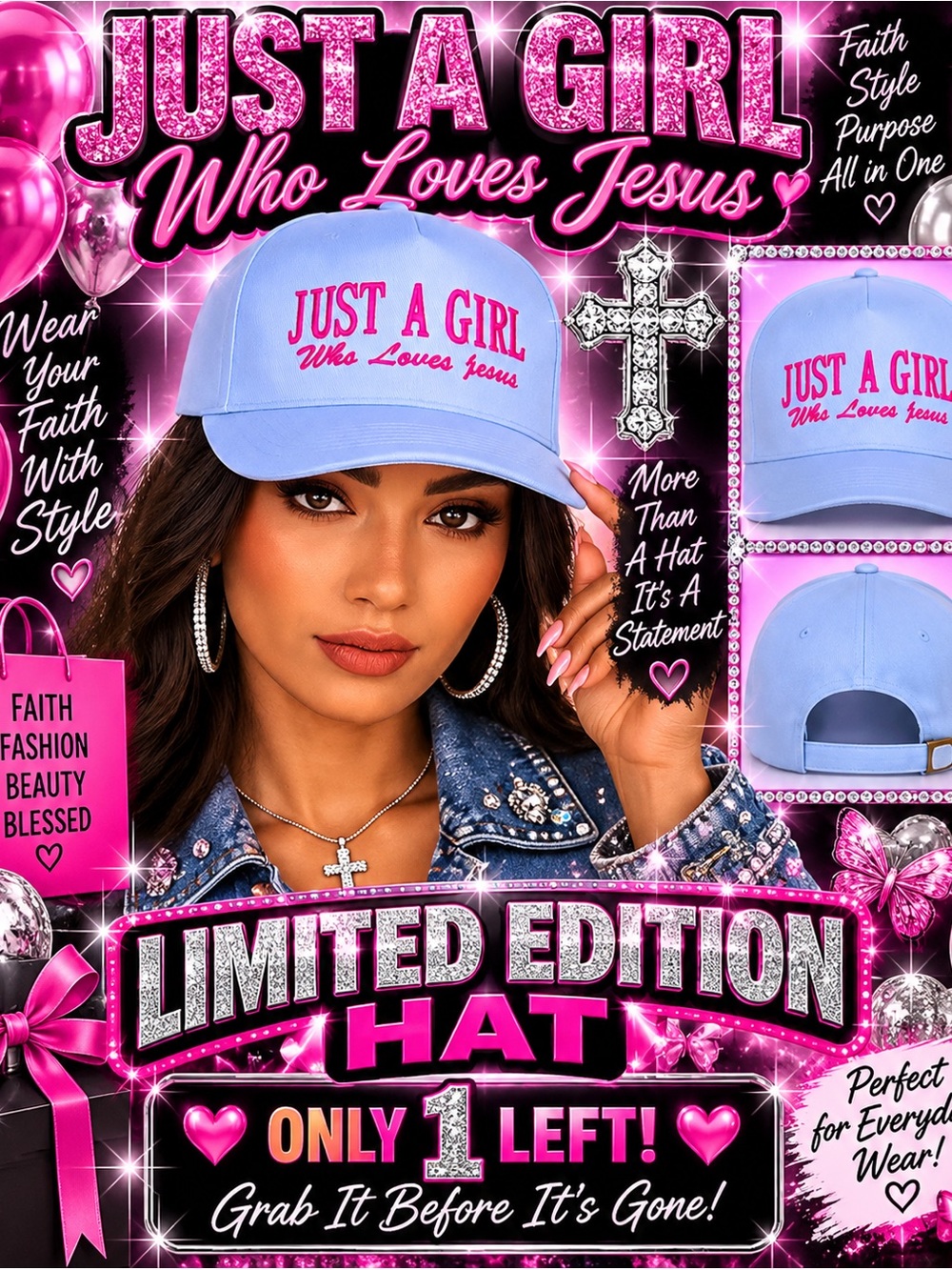 JUST A GIRL Who Loves Jesus Pink Embroidered Baseball Cap - Limited Edition
